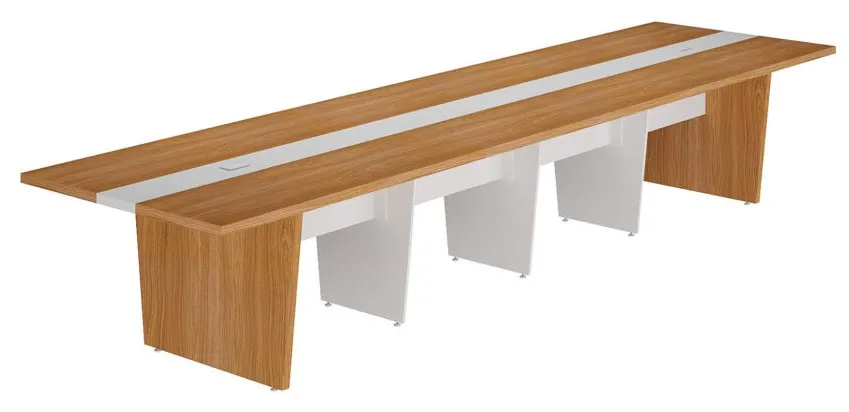 Mesa de Reunião Modular Y37 para Escritório com Caixa de Tomada e Acabamento Amadeirado - 4283 x 1100 x 750 mm