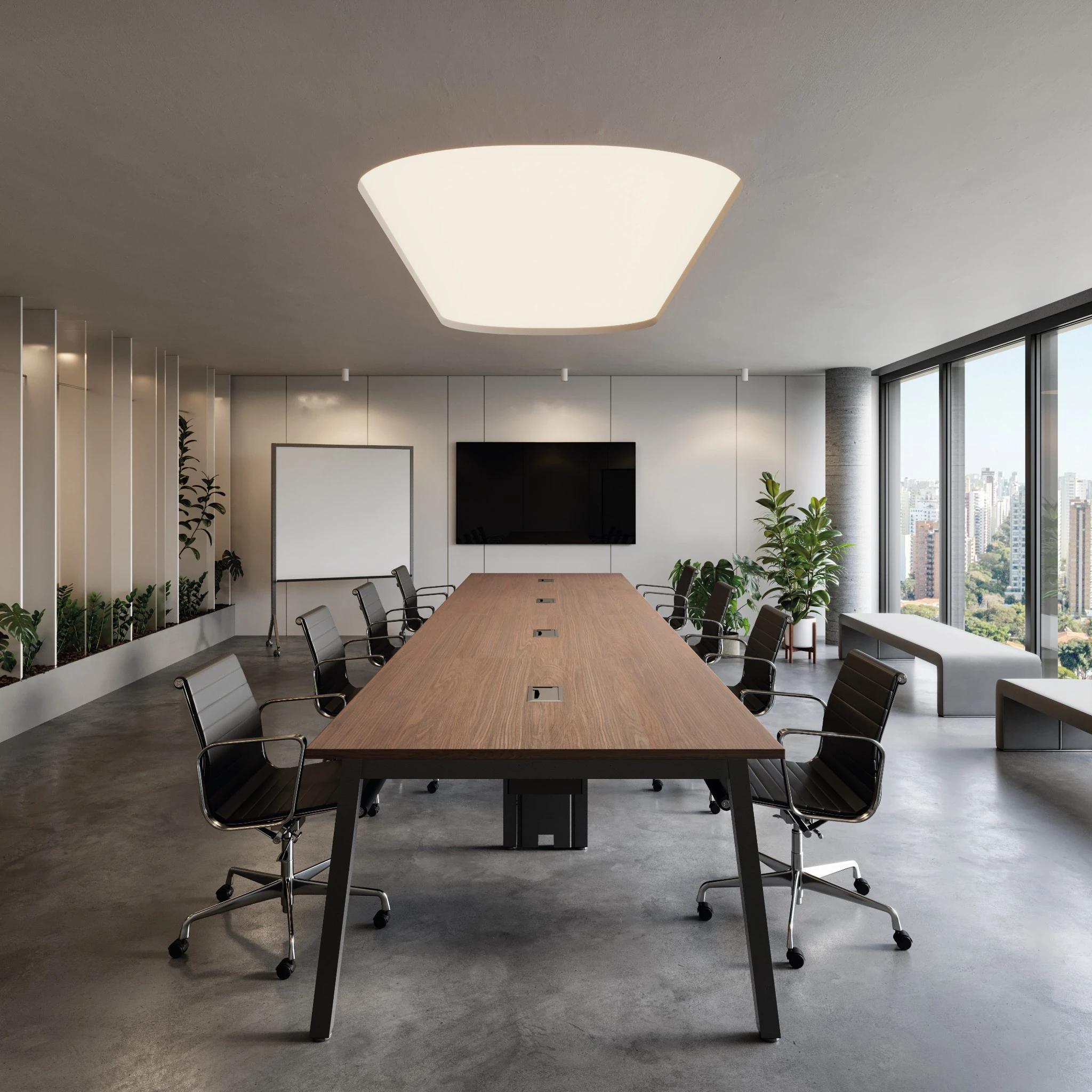 MESA DE REUNIÕES PÉ METAL TRAPÉZIO COM CAIXA ABS - TAMPOS EM MDP-BP 25MM COM BORDA DE 2MM. - 2500mm X 735mm X 1100mm - Linha M-Corp - Móveis Motiva