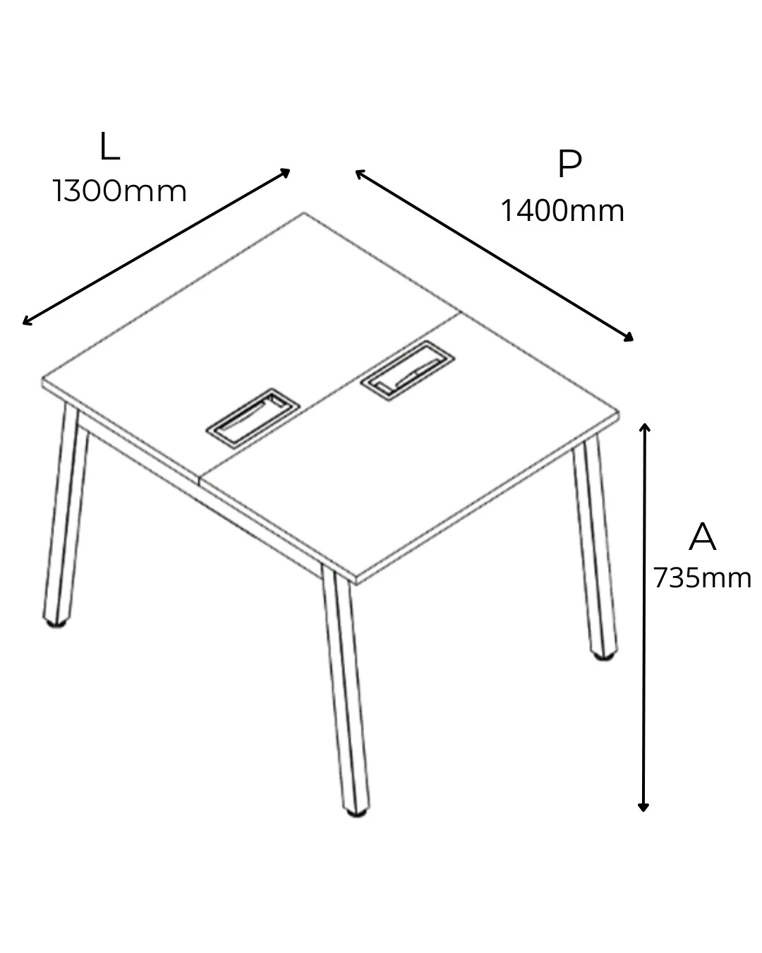PLATAFORMA DUPLA PÉ METAL TRAPÉZIO COM CAIXA DE CONECTIVIDADE EM ABS - COM TOTAL DE 2 LUGARES. 1 LUGAR + 1 LUGAR FRENTE A FRENTE TAMPOS EM MDP-BP 25MM COM BORDA DE 2MM. - 1300mm X 735mm X 1400mm - Linha M-Corp - Móveis Motiva