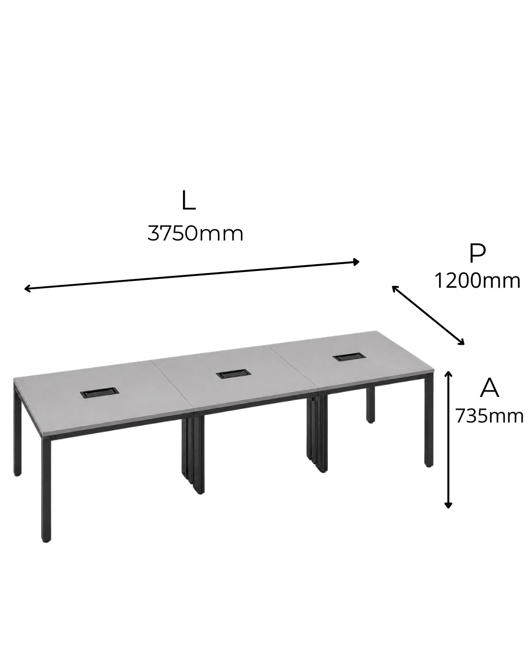 MESA DE REUNIÕES PÉ METAL TRAPÉZIO COM CAIXA ABS - TAMPOS EM MDP-BP 25MM COM BORDA DE 2MM. - 3750mm X 735mm X 1200mm - Linha M-Corp - Móveis Motiva