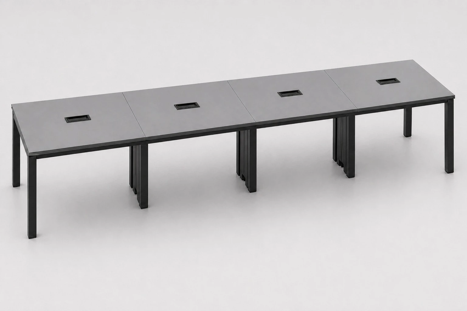 MESA DE REUNIÕES PÉ METAL TRAPÉZIO COM CAIXA ABS - TAMPOS EM MDP-BP 25MM COM BORDA DE 2MM. - 5000mm X 735mm X 1200mm - Linha M-Corp - Móveis Motiva