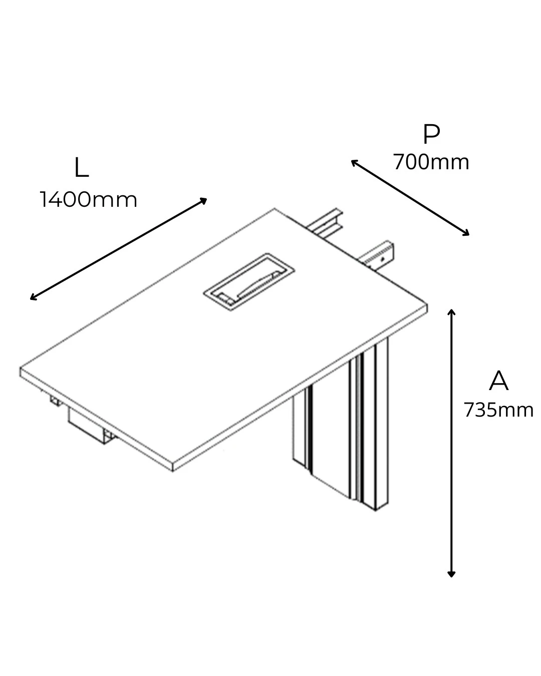 EXTENSÃO PLATAFORMA SIMPLES PÉ METAL COM CAIXA DE CONECTIVIDADE EM ABS - TAMPOS EM MDP-BP 25MM COM BORDA DE 2MM. - 1400MM X 735MM X 700MM - LINHA M-CORP - MÓVEIS MOTIVA