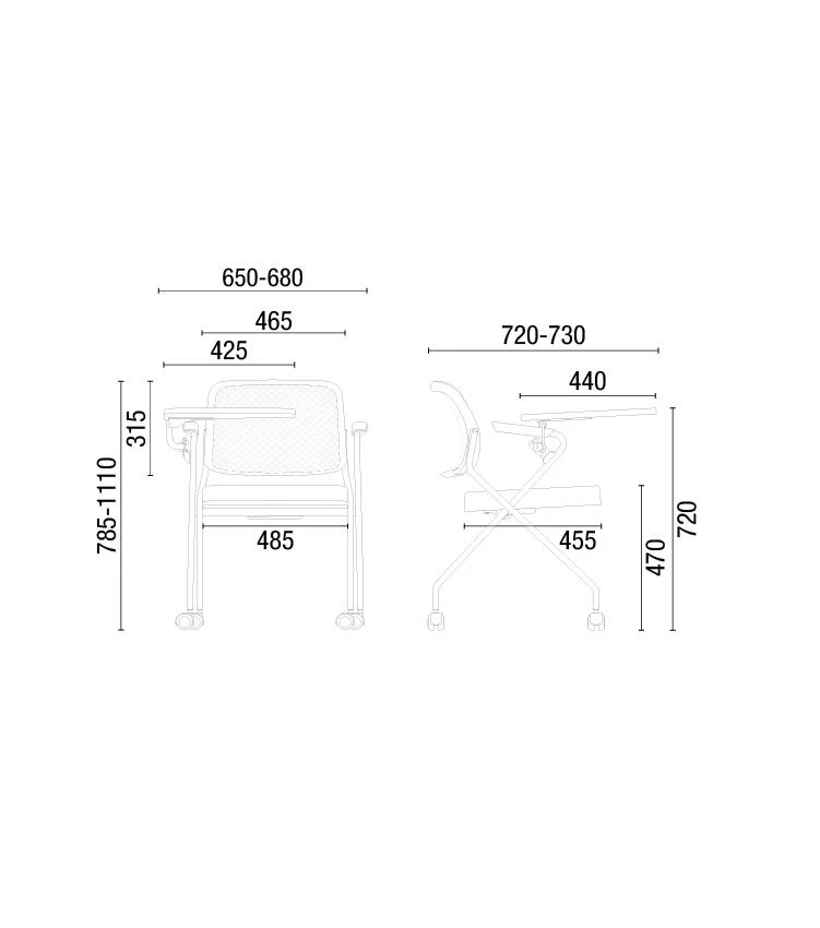 Poltrona Fixa 51107 Retrátil, Rodízios de Nylon 50 mm, Encosto em Plástico, Frame Preto, com Braços, com Prancheta Escamoteável