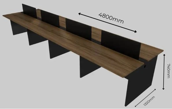 Plataforma de Trabalho com Total de 8 Lugares. 4 Lugares + 4 Lugares Frente a Frente - Saia Dupla Para Passagem do Cabeamento - Tampo 25mm - 4800mm X 1320 X 740mm