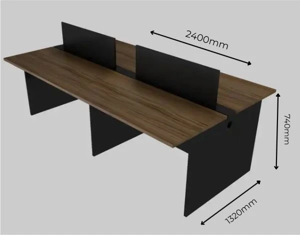 Plataforma de Trabalho com Total de 4 Lugares. 2 Lugares + 2 Lugares Frente a Frente  - Saia Dupla Para Passagem do Cabeamento - Tampo 25mm - 2400mm X 1320 X 740mm.