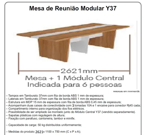 Mesa de Reunião Modular Y37 para Escritório com Caixa de Tomada e Acabamento Amadeirado - 2621 x 1100 x 750 mm