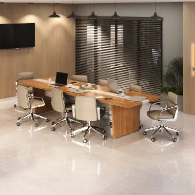 Mesa de Reunião Modular Y37 para Escritório com Caixa de Tomada e Acabamento Amadeirado - 4283 x 1100 x 750 mm