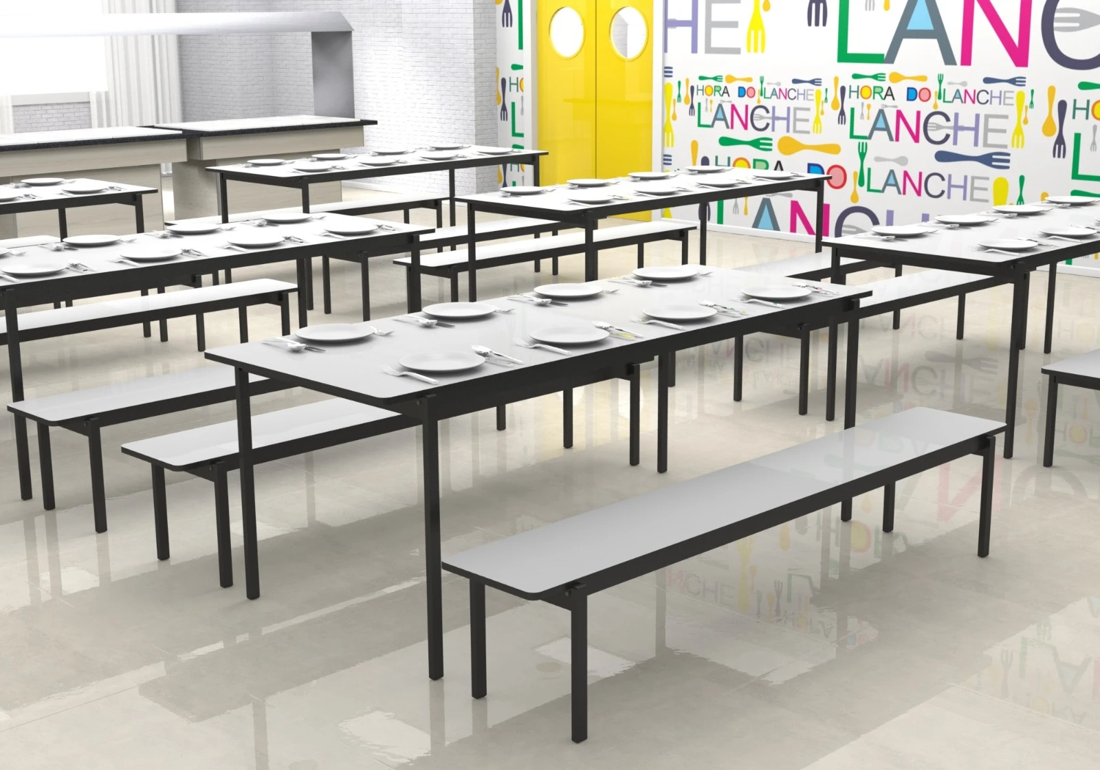 Mesa para refeitório com bancos empilháveis infantil - 2000 x 800 x 580 mm - DUS