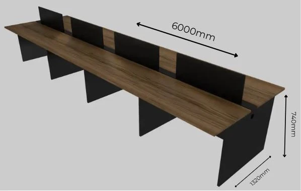 Plataforma de Trabalho com Total de 8 Lugares. 4 Lugares + 4 Lugares Frente a Frente - Saia Dupla Para Passagem do Cabeamento - Tampo 25mm - 6000mm X 1320 X 740mm