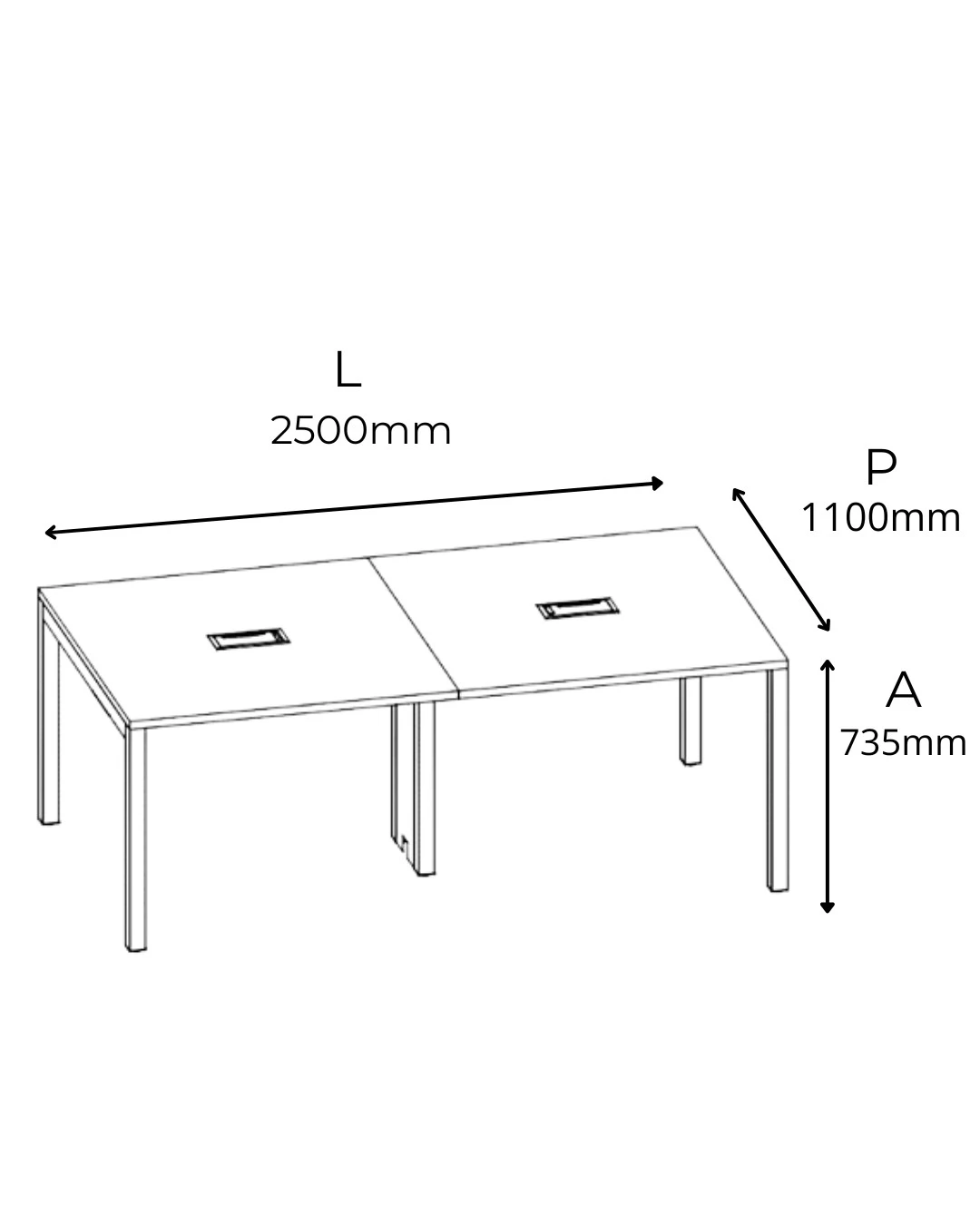 MESA DE REUNIÕES PÉ METAL TRAVE COM CAIXA ABS - TAMPOS EM MDP-BP 25MM COM BORDA DE 2MM. - 2500mm X 735mm X 1100mm - Linha M-Corp - Móveis Motiva