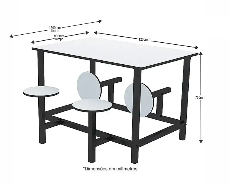 Mesa para refeitório com banco escamoteável adulto 4 lugares. Tampo MDF 15mm revestido em melamínico - C1200 x P800 x A750mm - DUS