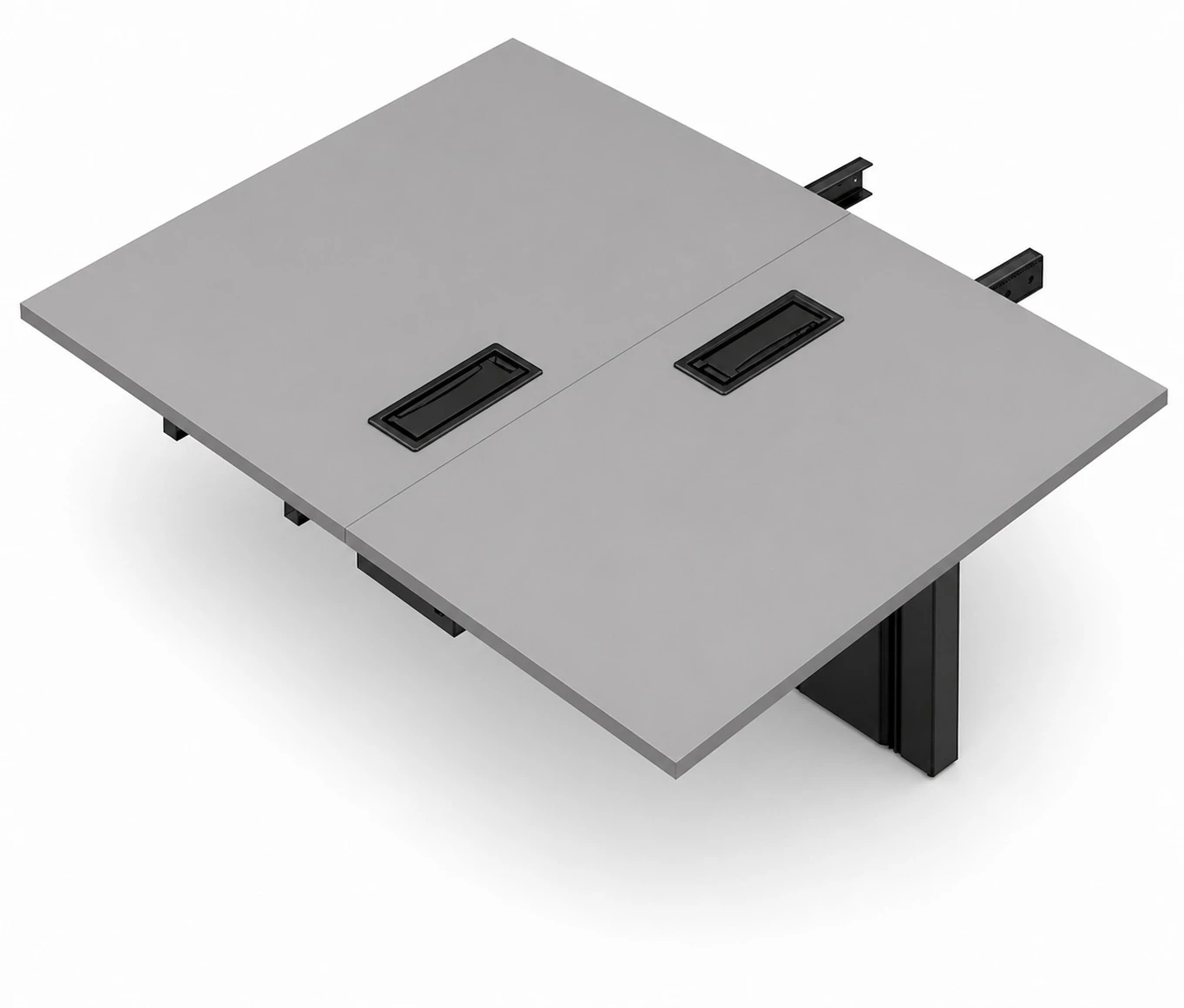 EXTENSÃO PLATAFORMA DUPLA PÉ METAL COM CAIXA DE CONECTIVIDADE EM ABS - TAMPOS EM MDP-BP 25MM COM BORDA DE 2MM - 1500MM X 735MM X 1400MM - LINHA M-CORP - MÓVEIS MOTIVA