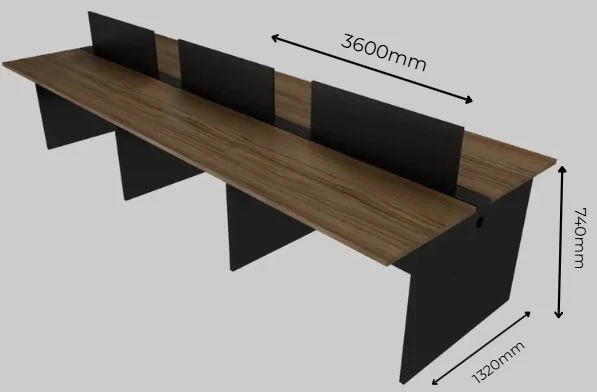 Plataforma de Trabalho com Total de 6 Lugares. 3 Lugares + 3 Lugares Frente a Frente - Saia Dupla Para Passagem do Cabeamento - Tampo 25mm - 3600mm X 1320 X 740mm.