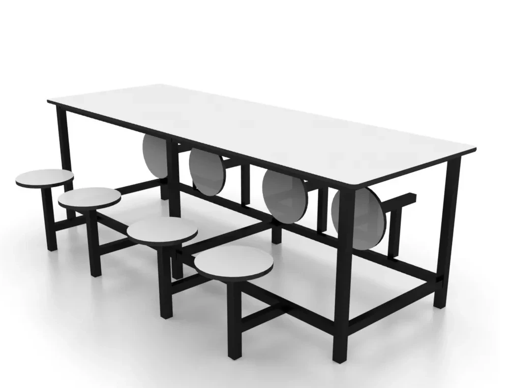 Mesa para refeitório com banco escamoteável adulto 8 lugares. Tampo MDF 15mm revestido em melamínico - C2400 x P800 x A750mm - DUS