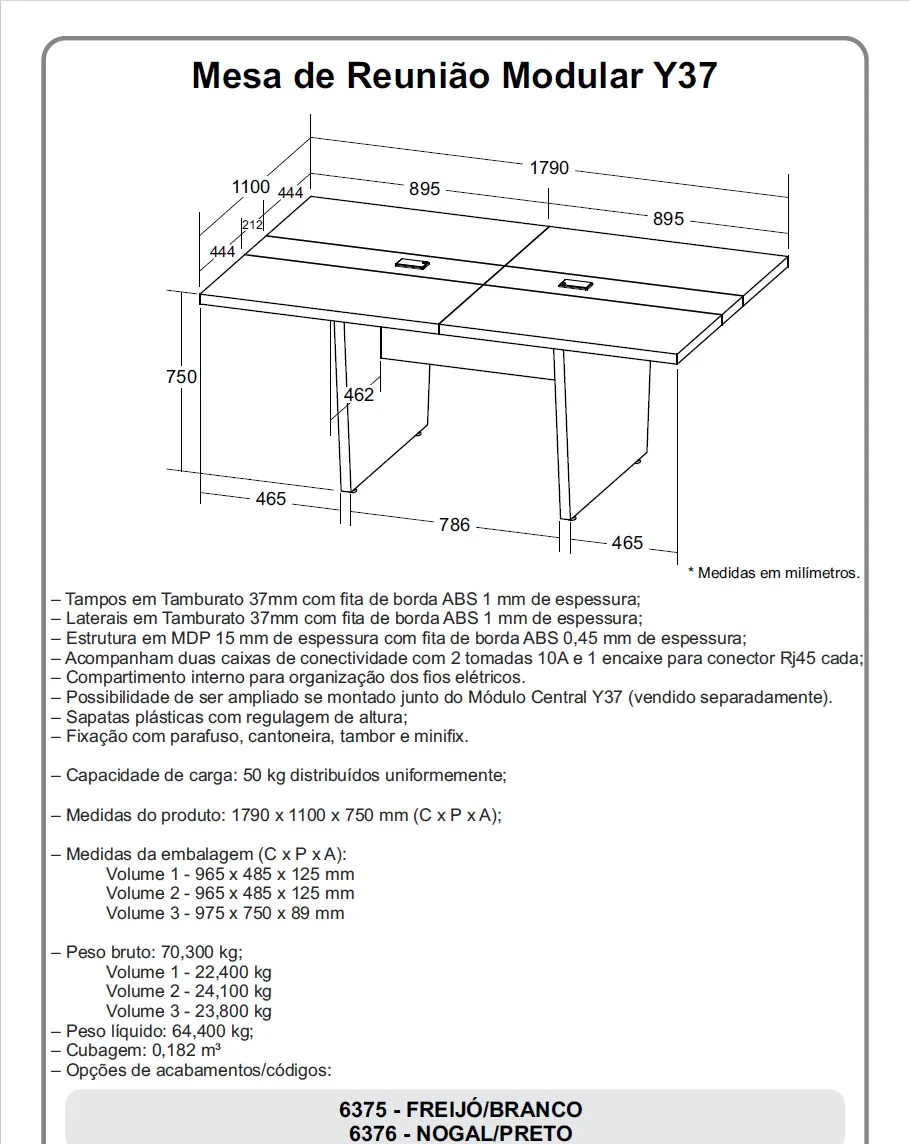 Mesa de Reunião Modular Y37 para Escritório com Caixa de Tomada e Acabamento Amadeirado - 1790 x 1100 x 750 mm