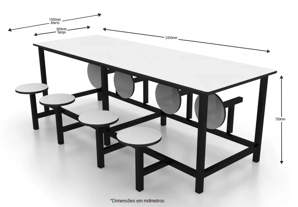 Mesa para refeitório com banco escamoteável adulto 8 lugares. Tampo MDF 15mm revestido em melamínico - C2400 x P800 x A750mm - DUS