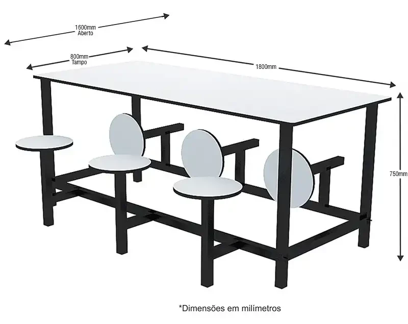 Mesa para refeitório com banco escamoteável adulto 6 lugares. Tampo MDF 15mm revestido em melamínico - C1800 x P800 x A750mm - DUS
