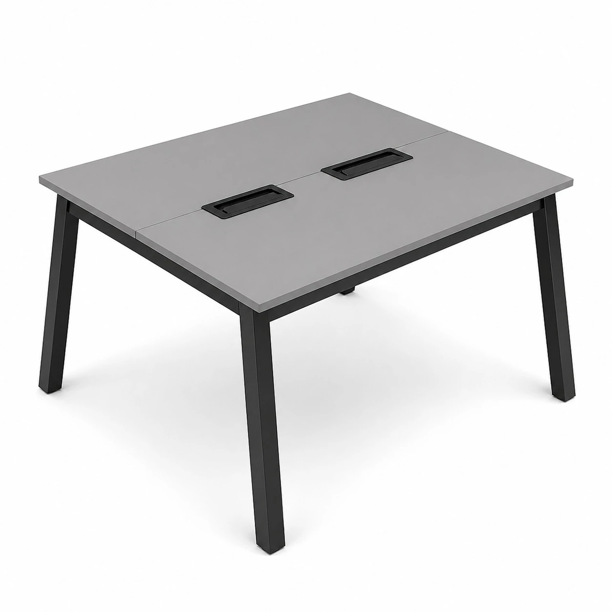 PLATAFORMA DUPLA PÉ METAL TRAPÉZIO COM CAIXA DE CONECTIVIDADE EM ABS - COM TOTAL DE 2 LUGARES. 1 LUGAR + 1 LUGAR FRENTE A FRENTE TAMPOS EM MDP-BP 25MM COM BORDA DE 2MM. - 1200mm X 735mm X 1400mm - Linha M-Corp - Móveis Motiva