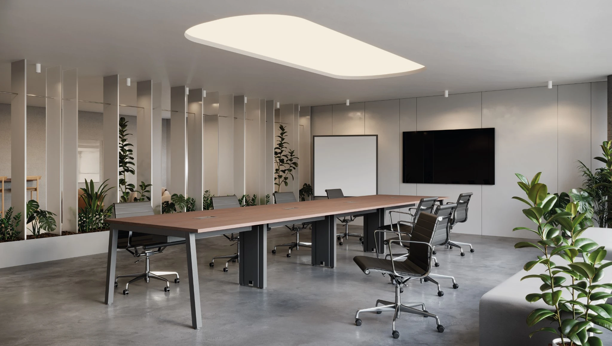 MESA DE REUNIÕES PÉ METAL TRAPÉZIO COM CAIXA ABS - TAMPOS EM MDP-BP 25MM COM BORDA DE 2MM. - 5000mm X 735mm X 1200mm - Linha M-Corp - Móveis Motiva