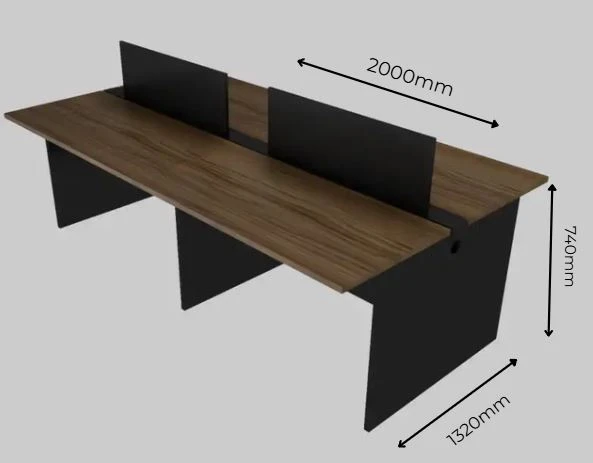 Plataforma de Trabalho com Total de 4 Lugares. 2 Lugares + 2 Lugares Frente a Frente - Saia Dupla Para Passagem do Cabeamento - Tampo 25mm - 2000mm X 1320 X 740mm.