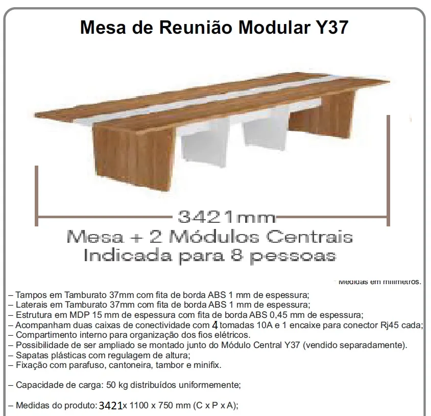 Mesa de Reunião Modular Y37 para Escritório com Caixa de Tomada e Acabamento Amadeirado - 3421 x 1100 x 750 mm