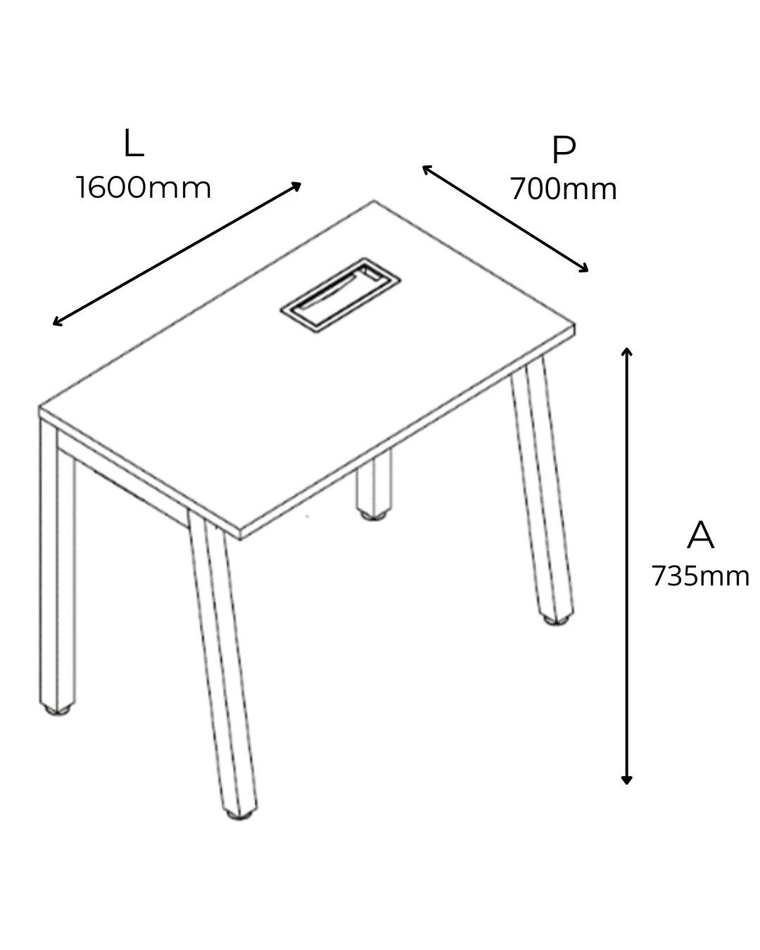 PLATAFORMA PÉ METAL SIMPLES TRAPÉZIO COM CAIXA DE CONECTIVIDADE EM ABS - COM TOTAL DE 1 LUGAR  - TAMPOS EM MDP-BP 25MM COM BORDA DE 2MM. - 1600MM X 735MM X 700MM - LINHA M-CORP - MÓVEIS MOTIVA