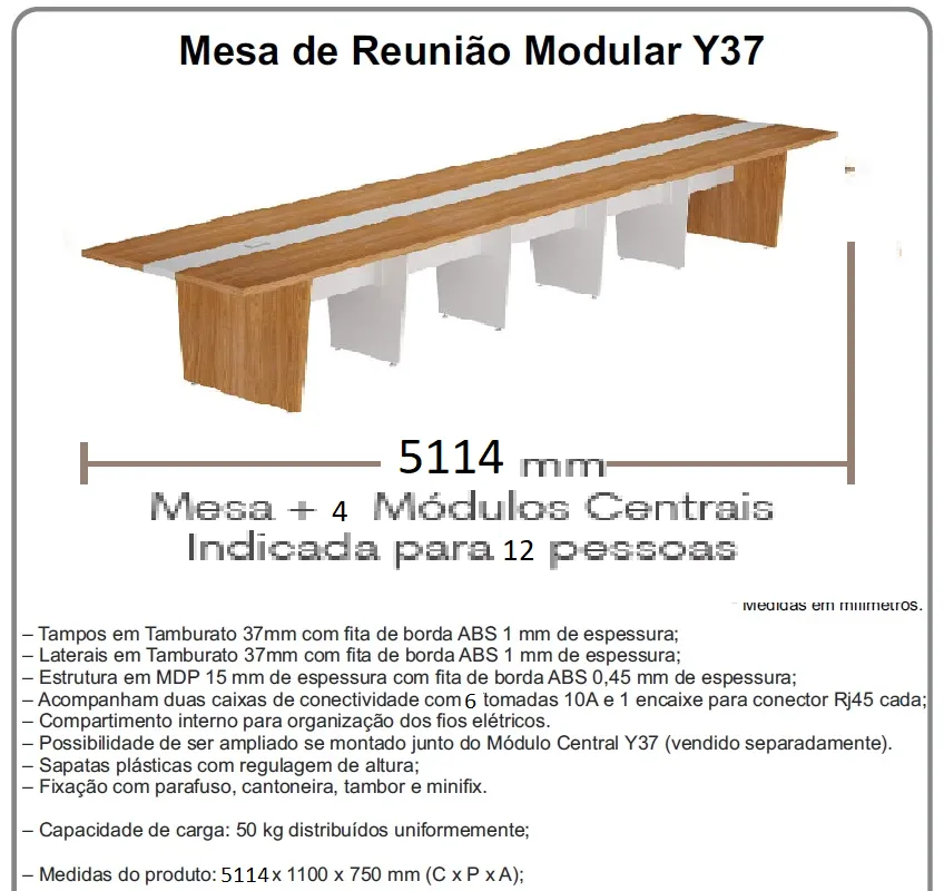Mesa de Reunião Modular Y37 para Escritório com Caixa de Tomada e Acabamento Amadeirado - 5114 x 1100 x 750 mm