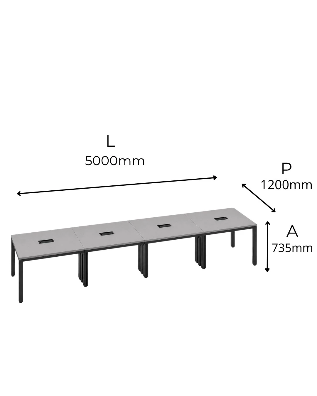 MESA DE REUNIÕES PÉ METAL TRAPÉZIO COM CAIXA ABS - TAMPOS EM MDP-BP 25MM COM BORDA DE 2MM. - 5000mm X 735mm X 1200mm - Linha M-Corp - Móveis Motiva