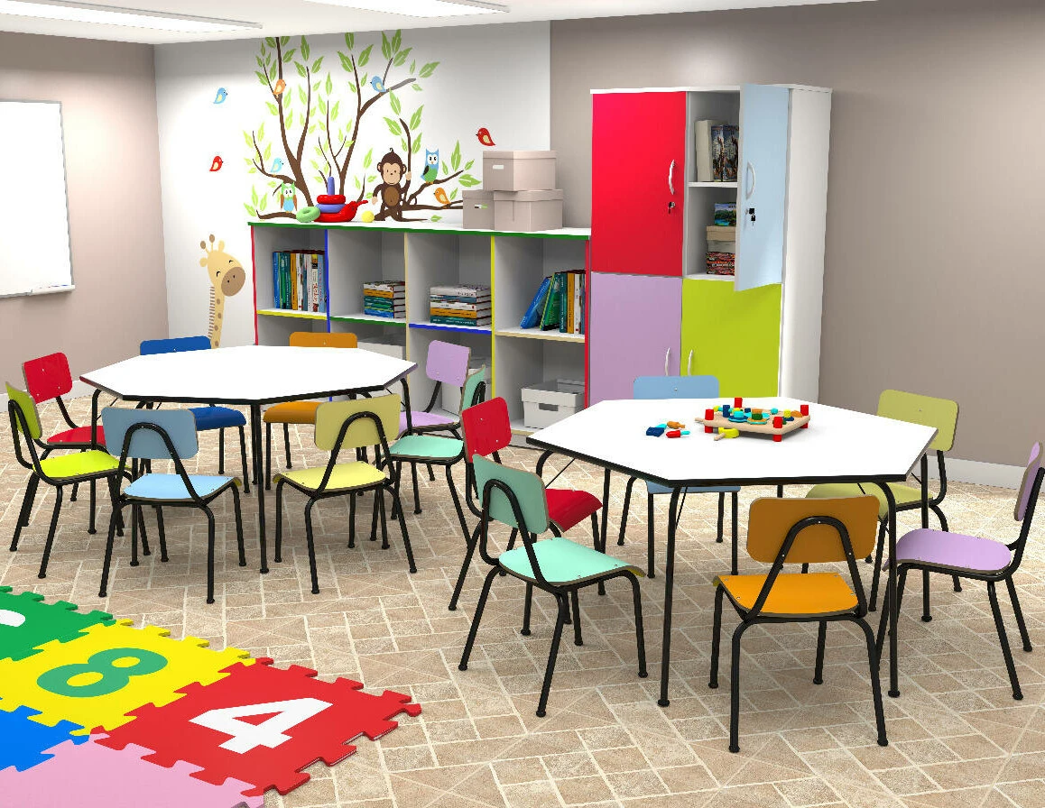 Conjunto de mesa Octagonal infantil (1 à 5 anos) 1 mesa + 8 cadeiras - colorido - 08 Lugares - DUS