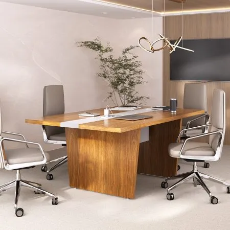 Mesa de Reunião Modular Y37 para Escritório com Caixa de Tomada e Acabamento Amadeirado - 2621 x 1100 x 750 mm