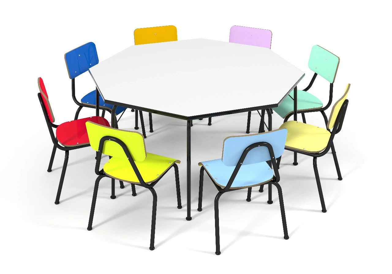Conjunto de mesa Octagonal infantil (1 à 5 anos) 1 mesa + 8 cadeiras - colorido - 08 Lugares - DUS