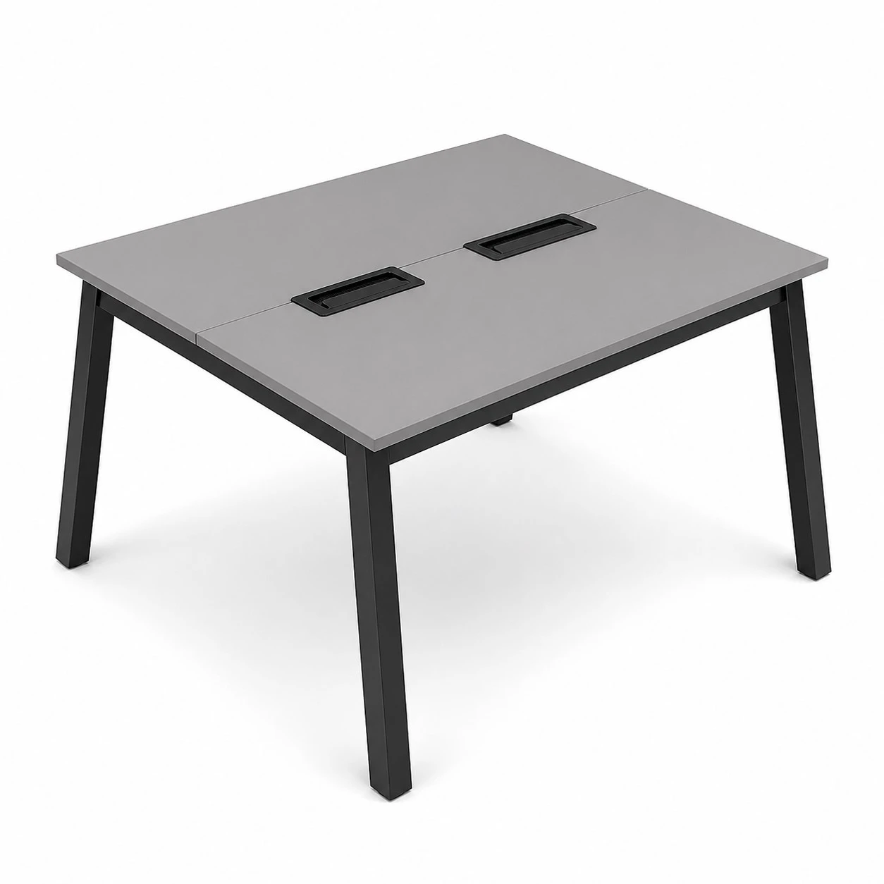 PLATAFORMA DUPLA PÉ METAL TRAPÉZIO COM CAIXA DE CONECTIVIDADE EM ABS - COM TOTAL DE 2 LUGARES. 1 LUGAR + 1 LUGAR FRENTE A FRENTE TAMPOS EM MDP-BP 25MM COM BORDA DE 2MM.  - 1000mm X 735mm X 1400mm - Linha M-Corp - Móveis Motiva