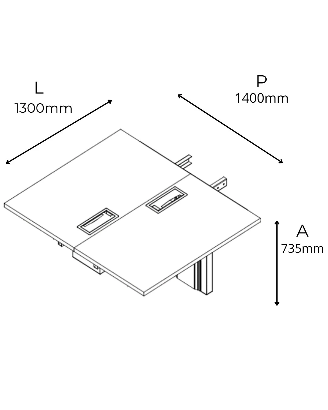 EXTENSÃO PLATAFORMA DUPLA PÉ METAL COM CAIXA DE CONECTIVIDADE EM ABS - TAMPOS EM MDP-BP 25MM COM BORDA DE 2MM - 1300MM X 735MM X 1400MM - LINHA M-CORP - MÓVEIS MOTIVA