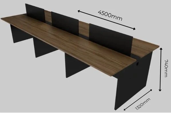 Plataforma de Trabalho com Total de 6 Lugares. 3 Lugares + 3 Lugares Frente a Frente - Saia Dupla Para Passagem do Cabeamento - Tampo 25mm - 4500mm X 1320 X 740mm.