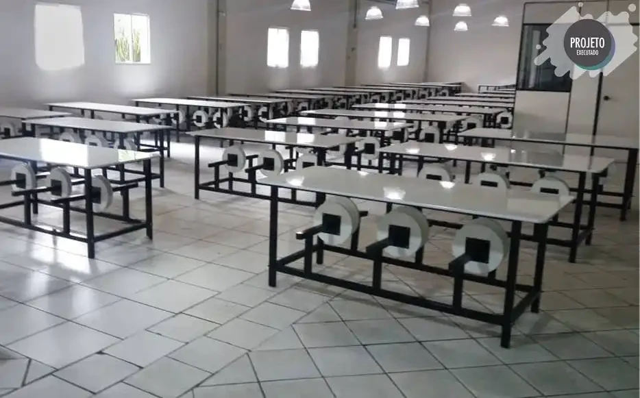 Mesa para refeitório com banco escamoteável adulto 8 lugares. Tampo MDF 15mm revestido em melamínico - C2400 x P800 x A750mm - DUS