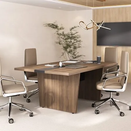 Mesa de Reunião Modular Y37 para Escritório com Caixa de Tomada e Acabamento Amadeirado - 3421 x 1100 x 750 mm