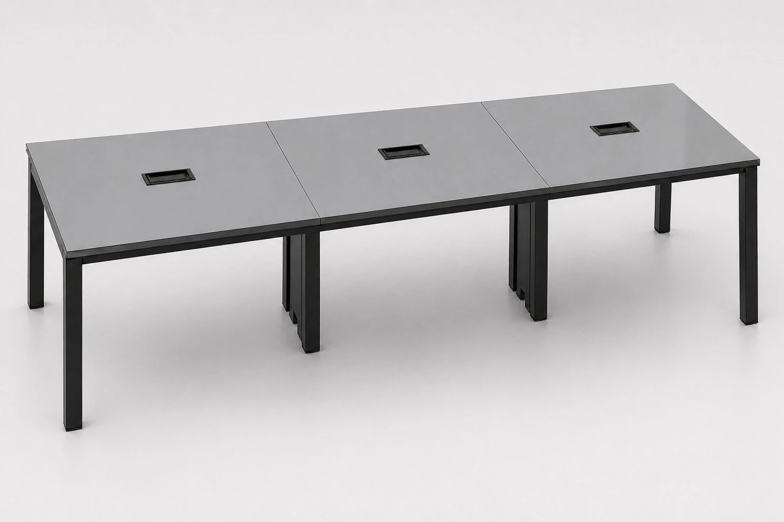 MESA DE REUNIÕES PÉ METAL TRAPÉZIO COM CAIXA ABS - TAMPOS EM MDP-BP 25MM COM BORDA DE 2MM. - 3750mm X 735mm X 1200mm - Linha M-Corp - Móveis Motiva